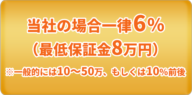 当社の場合一律6％（最低保証金8万円）※一般的には10～50万、もしくは10％前後